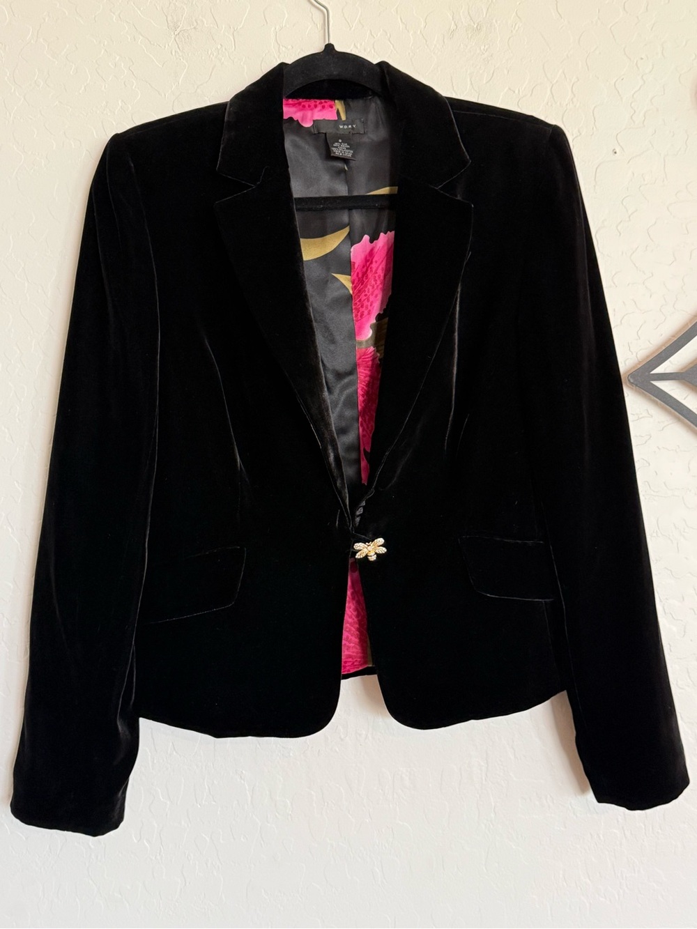 WDNY Vintage Silk Velvet Blazer Floral Lining Rhinestone Bee Button Black Size 8